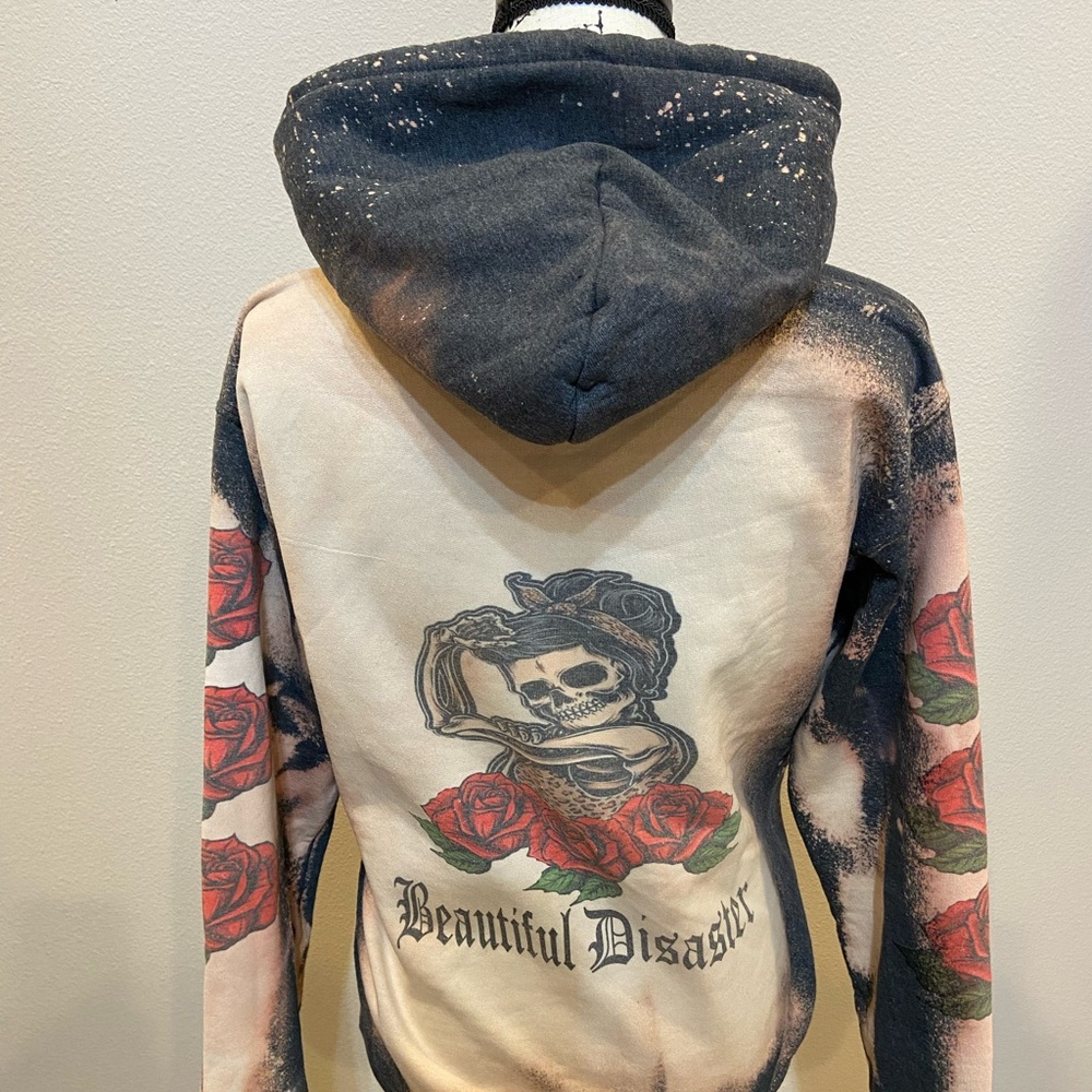 Bleach Tie Dye Rose Skeleton Skull Hoodie Custom Sweatshirt Pullover Navy Small - Picture 4 of 11